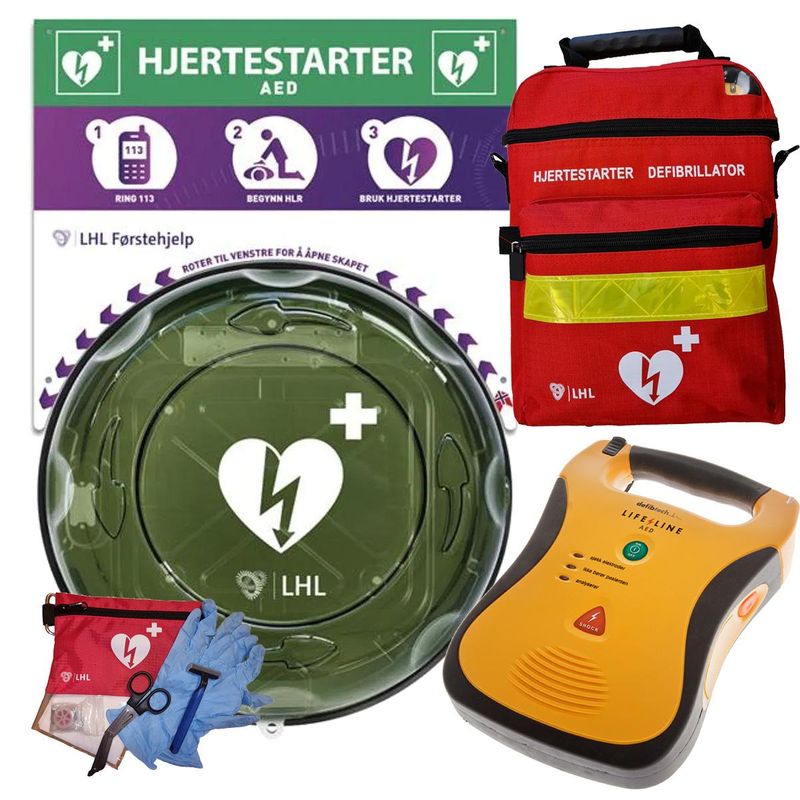 Komplett pakke innendørs - Lifeline AED hjertestarter 5år 