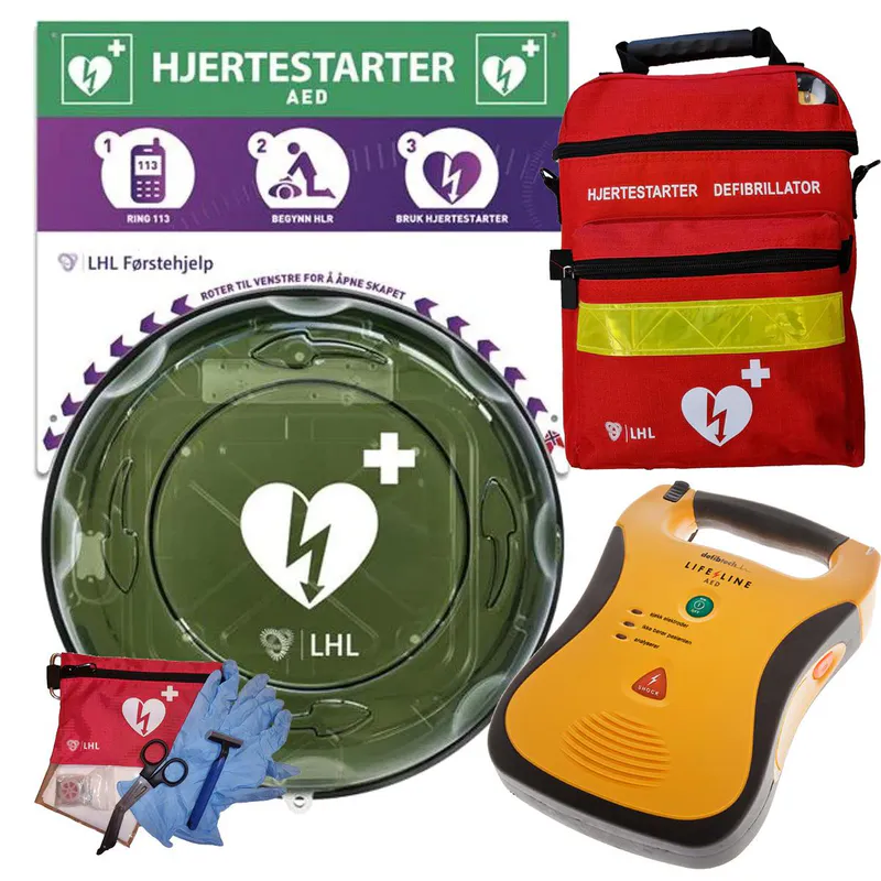 Innendørs - 5år Lifeline AED hjertestarter Komplett pakke 